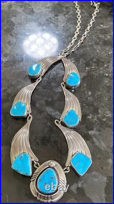 RARE Vintage Navajo Sky Blue Kingman Turquoise Sterling Necklace Signed BGY