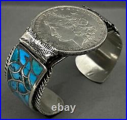 RARE Vintage Navajo Sterling Silver Turquoise Inlay Cuff Bracelet 95 Grams