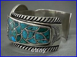 RARE Vintage Navajo Sterling Silver Turquoise Inlay Cuff Bracelet 95 Grams