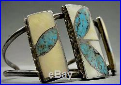 RARE Vintage Navajo Sterling Silver Turquoise & MOP Inlay Cuff Bracelet