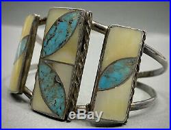 RARE Vintage Navajo Sterling Silver Turquoise & MOP Inlay Cuff Bracelet