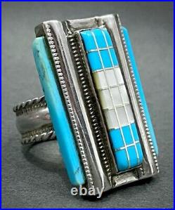 RARE Vintage Navajo Sterling Silver Turquoise Micro Inlay Ring HIGHLY DETAILED