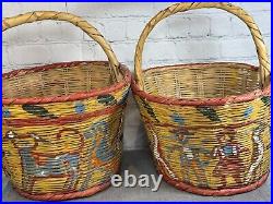 RARE Vintage Pair of Native American Straw Basket Polychrome Bull, Horse, Birds