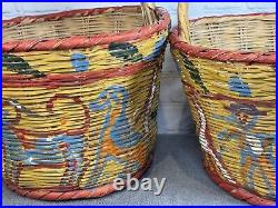 RARE Vintage Pair of Native American Straw Basket Polychrome Bull, Horse, Birds