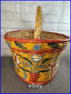 RARE Vintage Pair of Native American Straw Basket Polychrome Bull, Horse, Birds