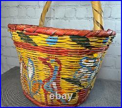 RARE Vintage Pair of Native American Straw Basket Polychrome Bull, Horse, Birds