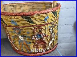 RARE Vintage Pair of Native American Straw Basket Polychrome Bull, Horse, Birds