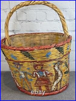 RARE Vintage Pair of Native American Straw Basket Polychrome Bull, Horse, Birds