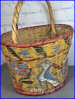 RARE Vintage Pair of Native American Straw Basket Polychrome Bull, Horse, Birds