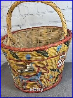 RARE Vintage Pair of Native American Straw Basket Polychrome Bull, Horse, Birds