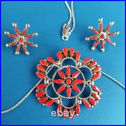 RARE ZUNI Sterling Silver Red Coral Needlepoint Necklace & Earrings V Halusewa