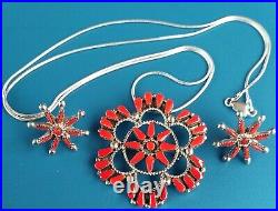 RARE ZUNI Sterling Silver Red Coral Needlepoint Necklace & Earrings V Halusewa
