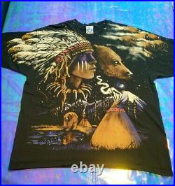 RAREVtg Liquid Blue All Over Print Native American Bear Eagle Tee Shirt 1998
