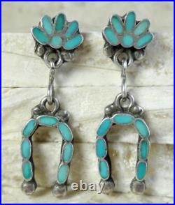Rare 1930's-40's Zuni FRANK DISHTA Sterling Turquoise FLOWER NAJA Drop Earrings
