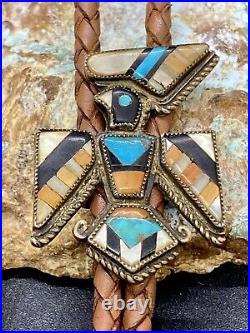 Rare 1940's Zuni Myra Tucson Handmade Sterling & Mosaic Inlay Hopi Bird Bolo Tie