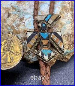 Rare 1940's Zuni Myra Tucson Handmade Sterling & Mosaic Inlay Hopi Bird Bolo Tie