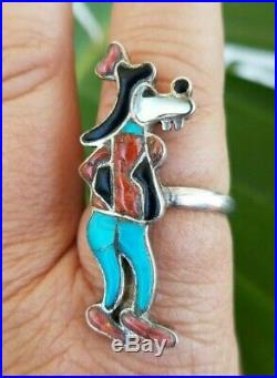 Rare 1960's Vintage Goofy RING Size 8 Sterling Silver Inlayed with Turquoise