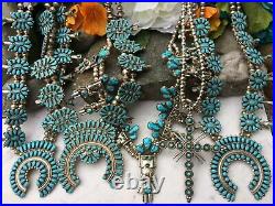Rare 31 Huge Vintage Navajo Turquoise Cluster Sterling Squash Blossom Necklace