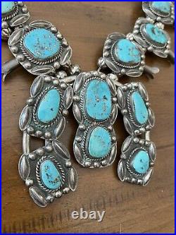 Rare 339G Vintage Navajo Turquoise & Sterling Silver Squash Blossom Necklace 17