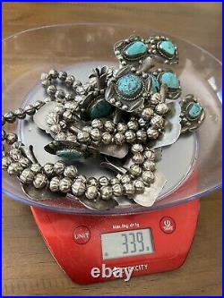 Rare 339G Vintage Navajo Turquoise & Sterling Silver Squash Blossom Necklace 17