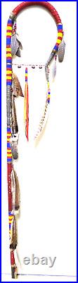 Rare 6-Foot-Tall Native American Beaded and Feathered Ceremonial Coup Stick