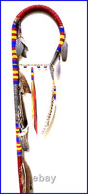 Rare 6-Foot-Tall Native American Beaded and Feathered Ceremonial Coup Stick