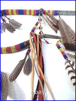 Rare 6-Foot-Tall Native American Beaded and Feathered Ceremonial Coup Stick