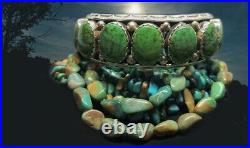 Rare 7 Stone Vintage Navajo Silver Hand Made Green Turquoise Cuff Bracelet