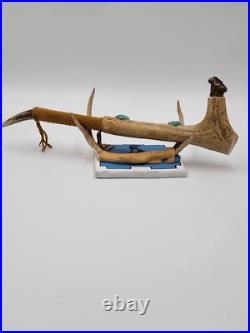 Rare Antique Native American Navajo Ceremonial Pipe W Real Turquoise On Stand