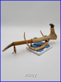 Rare Antique Native American Navajo Ceremonial Pipe W Real Turquoise On Stand