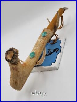 Rare Antique Native American Navajo Ceremonial Pipe W Real Turquoise On Stand