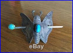 Rare Antique Navajo Pawn Sterling Moth Hair Clip withBisbee Turquoise, Butterfly