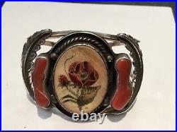 Rare Antique Signed E. Y. Jr. Sterling Silver, Coral, Bone American Indian Brace