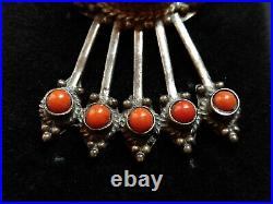 Rare Antique Sterling Silver Native American Large Turquoise And Coral Bead