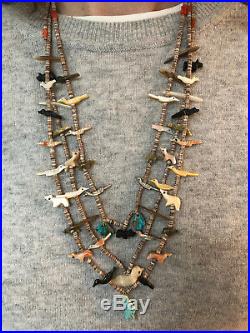 Rare, Antique Zuni Fetish 3-strand Necklace Leki, Lavana, Tsikewa, Kushana