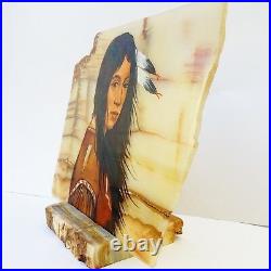 Rare Art Oil Painting of Native American Indian on Marble Slate