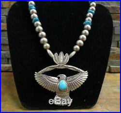 Rare Art Tafoya Yaqui Sterling Thunderbird Turquoise Bench Bead Necklace Pendant