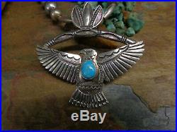 Rare Art Tafoya Yaqui Sterling Thunderbird Turquoise Bench Bead Necklace Pendant