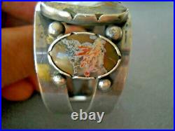Rare Beautiful Native American Navajo Agate Row Sterling Silver Cuff Bracelet