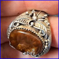 Rare Beautiful Native American Navajo Sterling Silver Fire Opal Mens Ring Sz