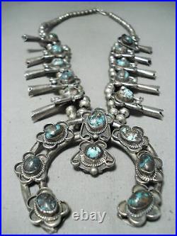 Rare Bisbee Turquoise Vintage Navajo Sterling Silver Squash Blossom Necklace
