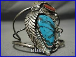 Rare Blue Diamond Turquoise Vintage Navajo Sterling Silver Coral Bracelet Old