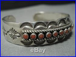 Rare Charley Family Vintage Navajo Coral Sterling Silver Cuff Bracelet