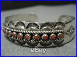 Rare Charley Family Vintage Navajo Coral Sterling Silver Cuff Bracelet