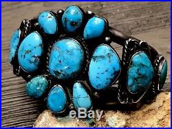 Rare Collectible Old Pawn Sterling Gem Blue Turquoise Cluster Cuff Bracelet 67+G