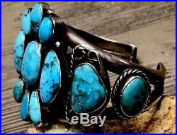 Rare Collectible Old Pawn Sterling Gem Blue Turquoise Cluster Cuff Bracelet 67+G