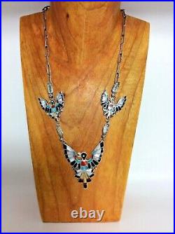 Rare DIXON SHEBOLA Zuni Necklace Sterling Silver Stone Inlaid Phoenix Birds
