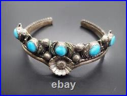 Rare Design! Native American Turquoise Sterling Silver Bracelet Signed! Old