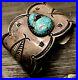 Rare-Early-Hand-Wrought-Ingot-Coin-Silver-Gem-Turquoise-Cuff-Bracelet-121G-Sign-01-jph