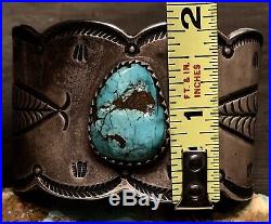 Rare Early Hand Wrought Ingot Coin Silver Gem Turquoise Cuff Bracelet 121G Sign